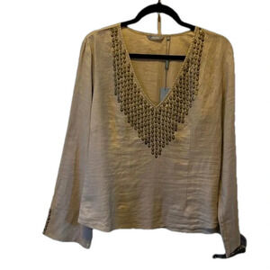 NWT Per Una Tan Long Sleeve Linen Top with Brass Embellishments
